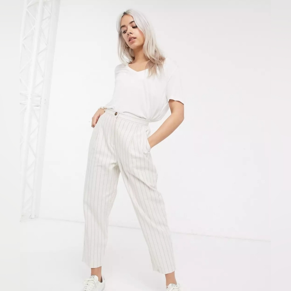 ASOS DESIGN Petite linen dad pants in stripe (size 4)